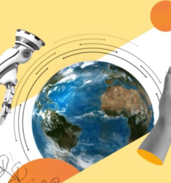 illustrasjon av jordklode med planeter, en menneskehånd, en robothånd og en blomst mot en hvit og lys gul bakgrunn