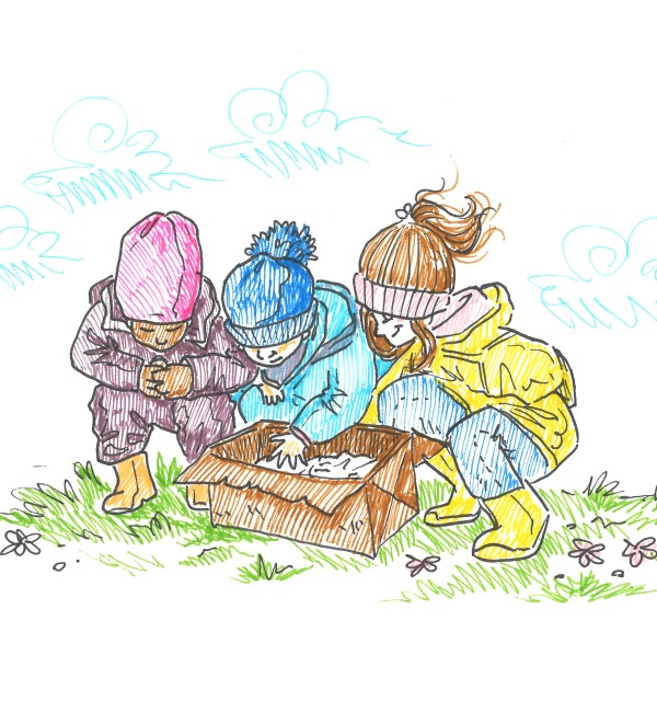 Illustrasjon av tre barn som ser i en eske