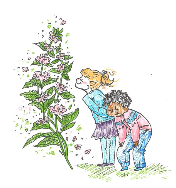 Illustrasjon av barn som lukter på peppermynte