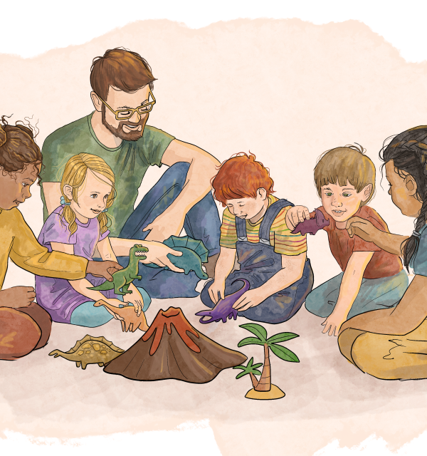 Illustrasjon av fem barn og en barnehagelærer som leker med dinosaurer.