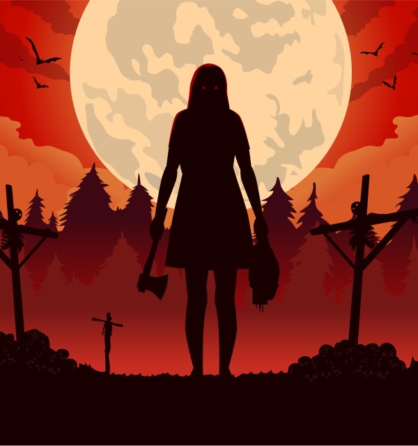 Tegnet illustrasjon. Silhuett av kvinnefigur mot måne og landskap i rødtoner. Trær og kors foran henne, vi ser henne bakfra.