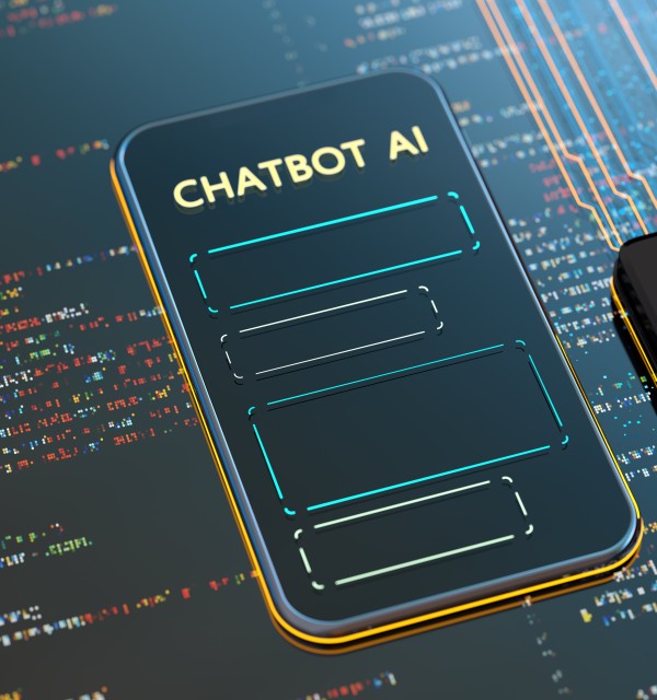 skjerm og koder i lys skrift mot mørk bakgrunn. Teksten "chatbot AI" skrevet størst