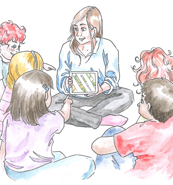 Illustrasjon av en barnehagelærer og flere barnehagebarn som leser bok på nettbrett