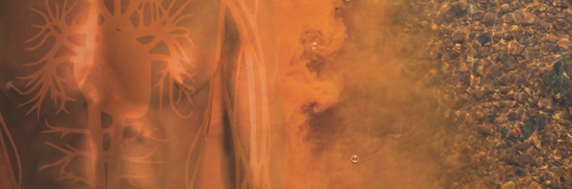 Painting of a human image focused on the torso against a fiery background