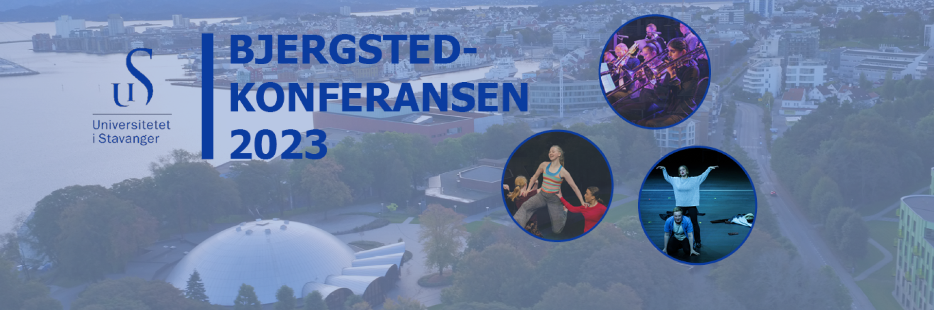 Plakat til Bjergstedkonferansen 2023. Dronebilde over Bjergsted og tre små bilder av dans, opptreden og konsert