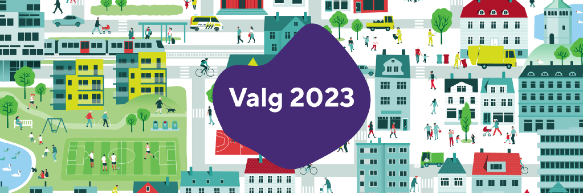 Illustrasjon bygninger og bygater med påskriften "Valg 2023"