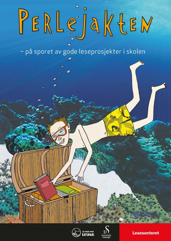Forside: Perlejakten. Illustrasjon: Dykker tar bok ut av skattkiste på havbunnen