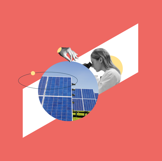 Illustrasjon av kvinnelig forsker og solpaneler ECIU University challenges