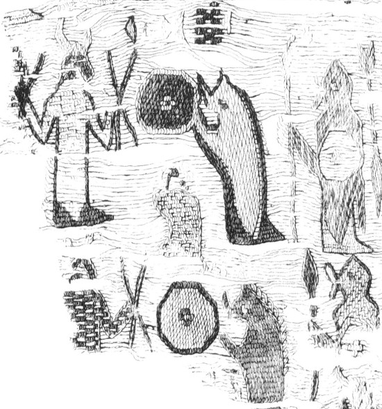 Fragment av bonaderna från båtgraven i Oseberg vid Oslofjorden, Vestfold, Norge (834 e.Kr.). Tecknare: M. Storm.