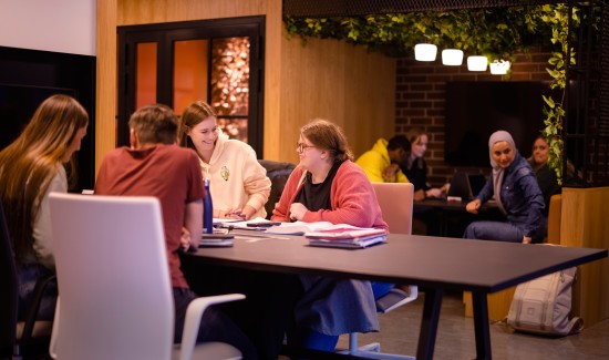Studenter som sitter rundt et bord og jobber sammen