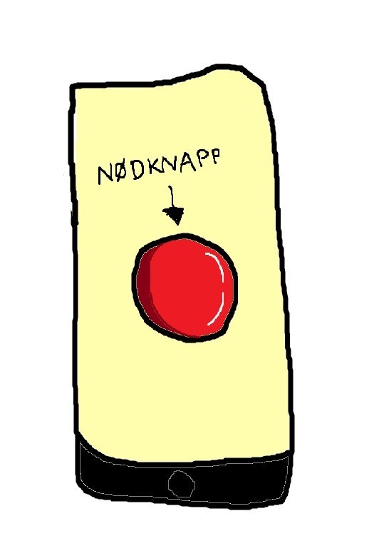 Tegning av en gul firkant med en rød sirkel inni og ordene "Nødknapp" med pil ned til rundingen.