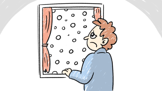 Tegning av gutt som er lei seg og ser ut av vinduet at det snør.