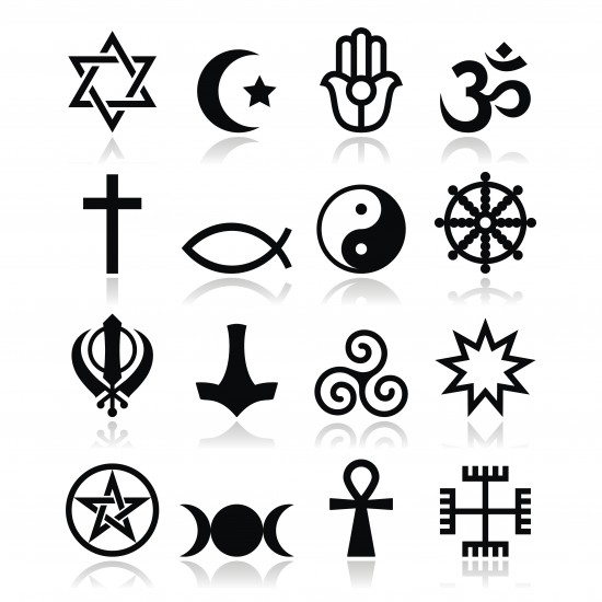 16 ikoner som representerer forskjellige religiøse symboler