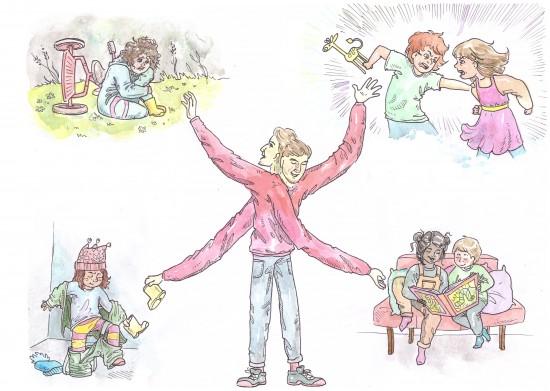 Illustrasjon av en barnehagelærer som hjelper flere barnehagebarn