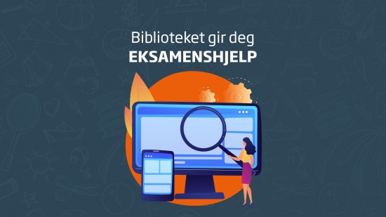 Illustrasjon av dame som holder forstørrelsesglass over en stor pc-skjerm