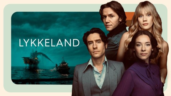 Hovedpersonene i Lykkeland: Christian Nyman (Paal Herman Ims). Toril Torstensen (Malene Wadel), Jonathan Kay (Bart Edwards) og Anne Regine Ellingsæter. FOTO: MAIPO FILM/NRK