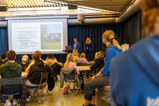 To som presenterer med sittende mennesker i front