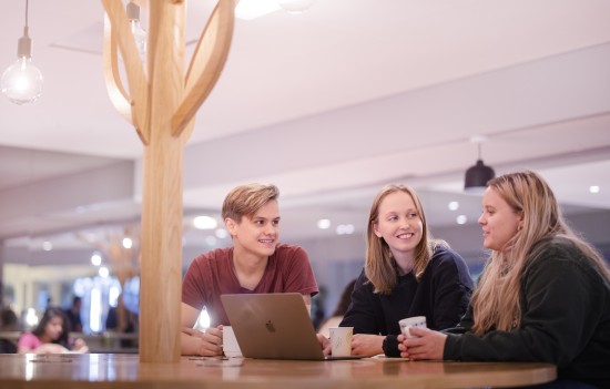 Tre studenter sitter samlet rundt en laptop
