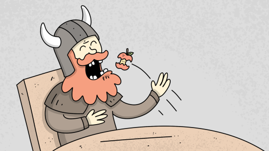 Illustrasjon av mann med rødt skjegg og vikinghjelm som spiser.