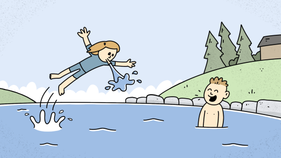 Tegning av to barn som bader i havet.