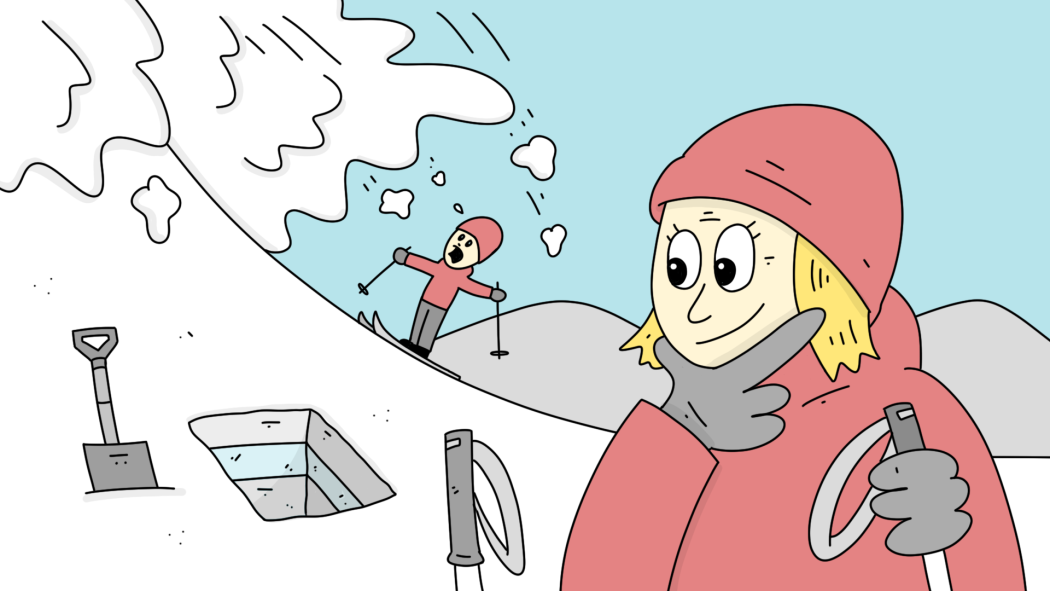Tegning av jente med røde klær og en skiløper i et snølandskap. Det går et snøras bak jenta og skiløperen ser overrasket ut. 