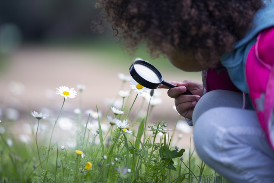 Jente studerer blomster med forstørrelesglass