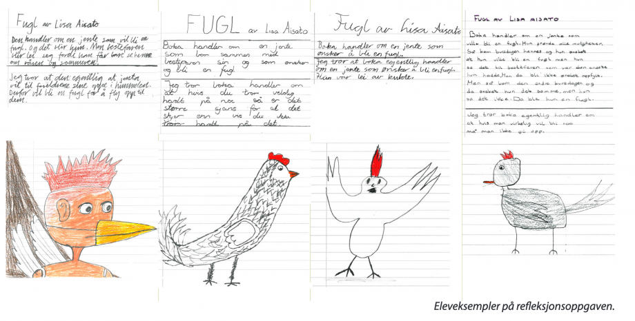 Barnetegninger med tekster inspirert av boka Fugl av Lisa Aisato
