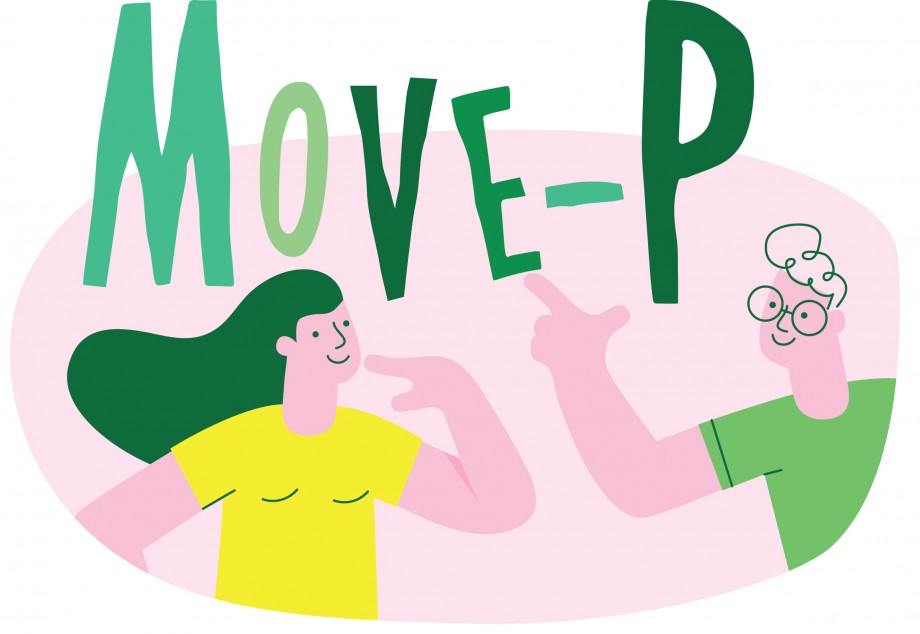 Illustrasjon til MOVE-P-prosjektet: Teksten Move-p og illustrasjon av en jente og en gutt under.