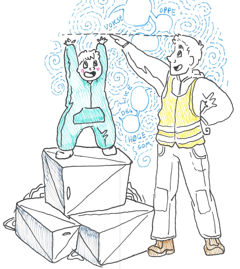 Illustrasjon av et lite barn som står oppå tre kasser med armene opp og viser hvor høyt det er til barnehagelæreren som står ved siden av