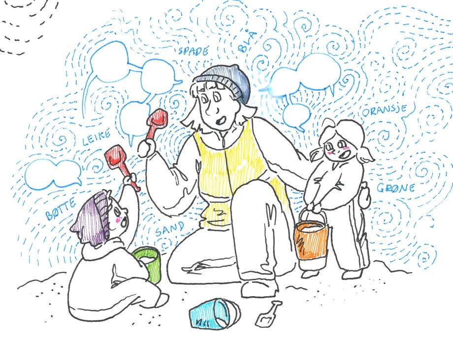 Illustrasjon av to barn og en voksen i sandkassen
