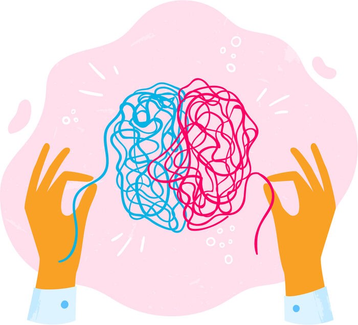 Tegning av to hender som holder i røde og blå tråder som er formet som en hjerne
