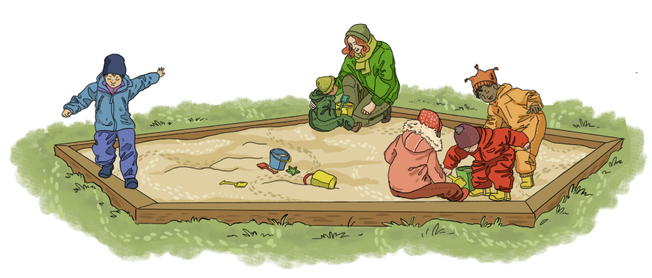 Illustrasjon av fem barnehagebarn og en barnehagelærer som leker i en sandkasse