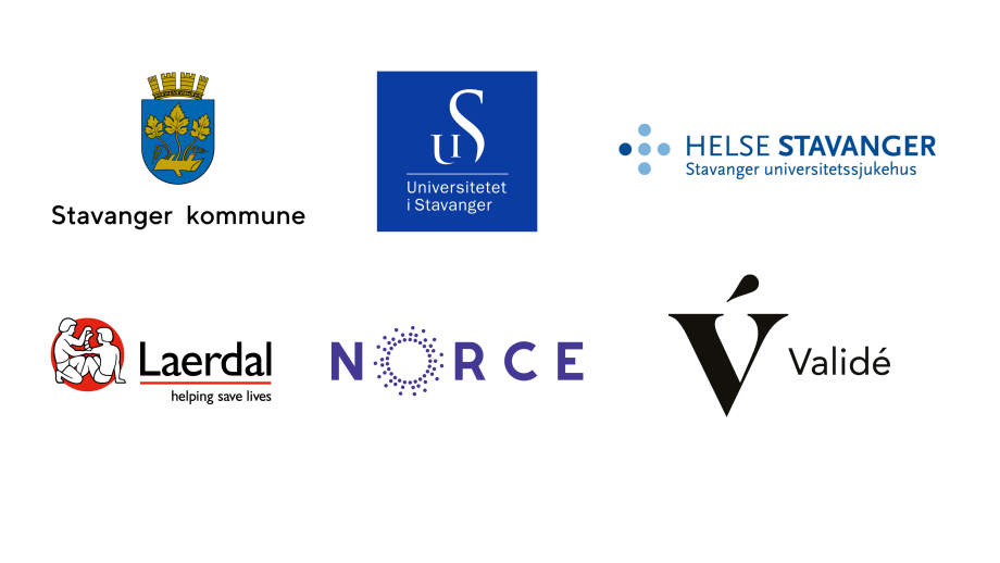Hvitt banner med logoer: Stavanger kommune, Universitetet i Stavanger, Helse Stavanger - Stavanger universitetssykehus, Laerdal Medical, Norce og Validé