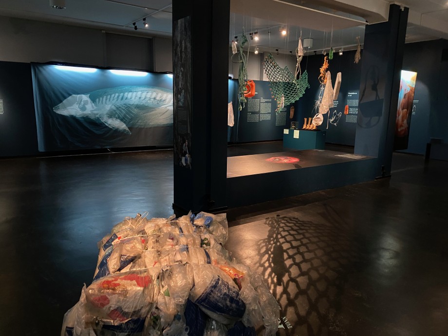 A bale of plastic lies in the foreground with an x-ray image of a whale in the background. In the middle ground, nets and other detritus hang from the ceiling