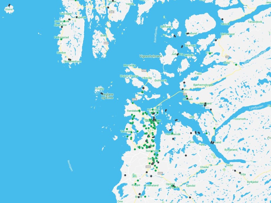 Kart over kollektiv transport i Stavangerområdet