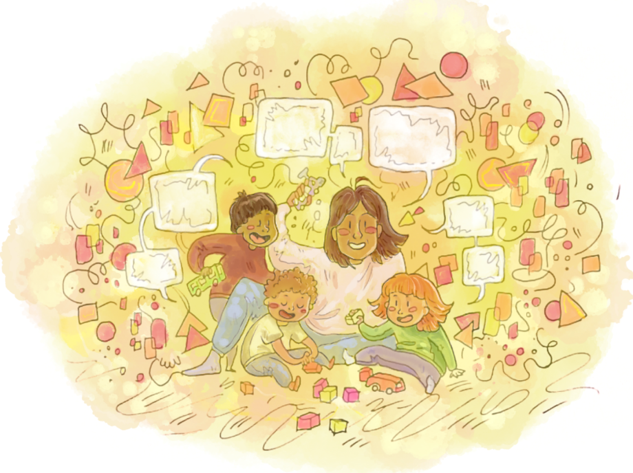Illustrasjon av tre barn og en barnehagelærer som leker sammen