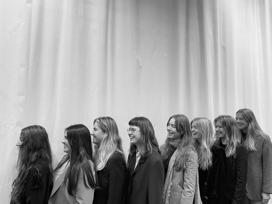 8 smilende kvinner i profil. Fotografi.