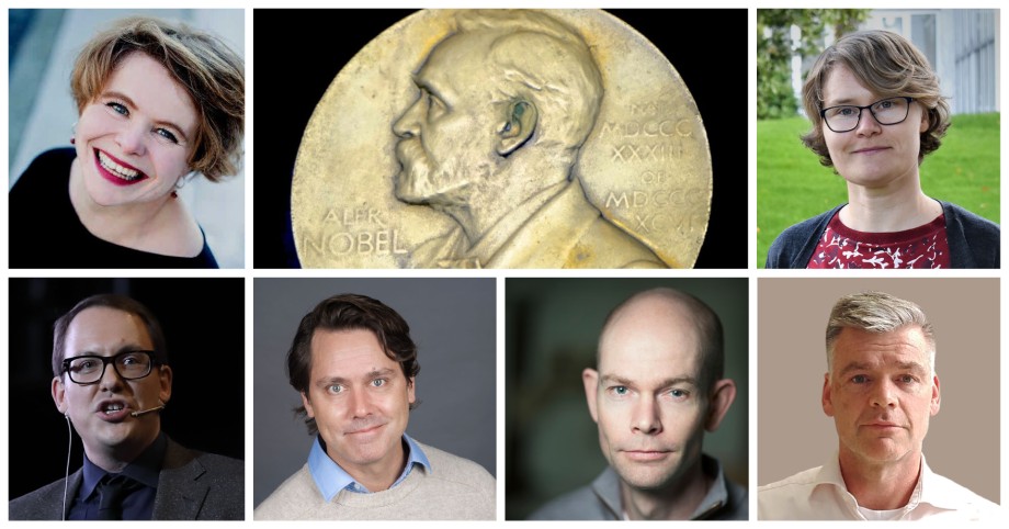Bildekollage med seks portretter og en nobelmedalje