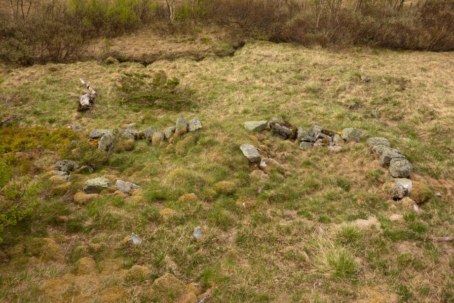 Fig 2. Avlang hustuft med to rom, funnet nær en stående hytte og gammel slåtteeng. Foto: Andreas Holkestad Sunde