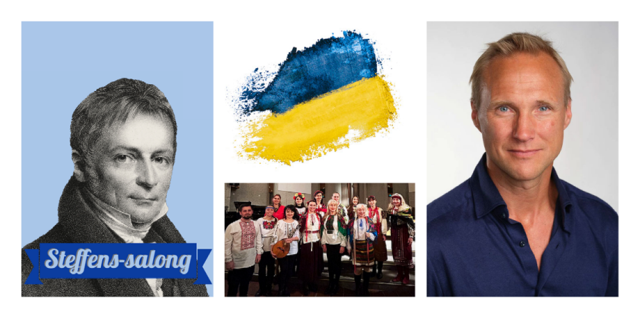 Fotocollage som viser to menn, et kor og et ukrainsk flagg