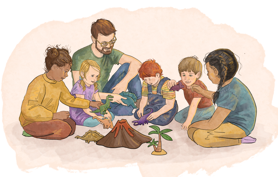 Illustrasjon av fem barn og en barnehagelærer som leker med dinosaurer.