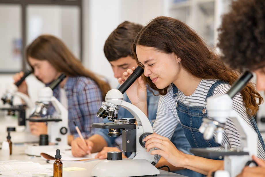 Elever ser i mikroskop