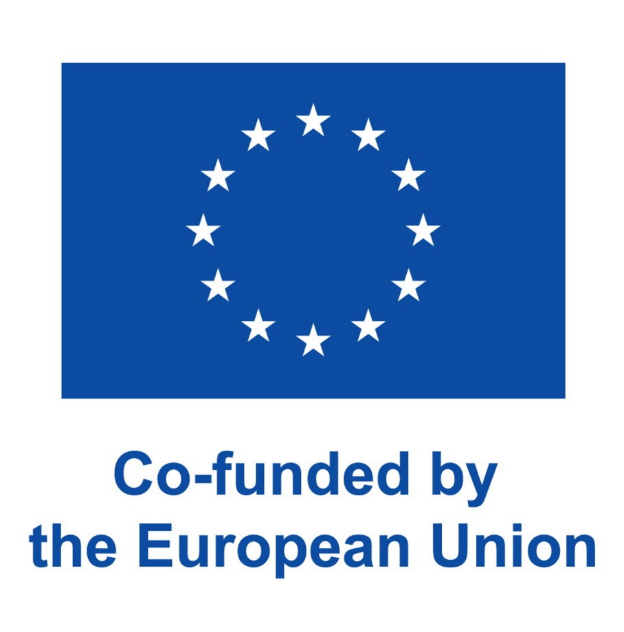 EU-flagg med blå tekst under som sier "Co-funded by the European Union"