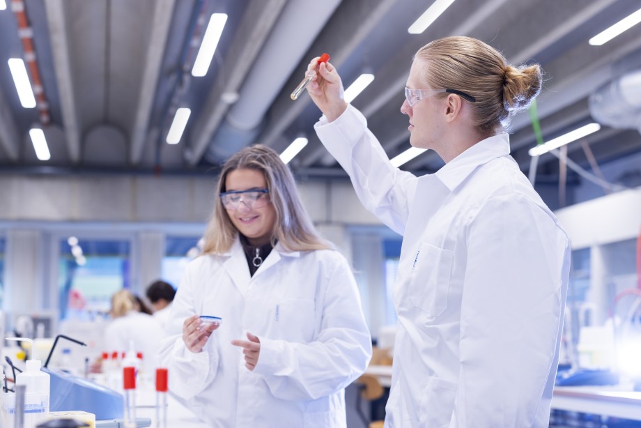 To personer ikledd laboratoriefrakker jobber på et laboratorium. Foto.
