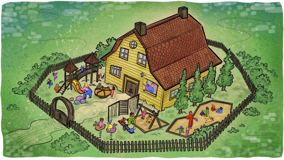 Illustrasjon av en barnehage med mange barn og voksne i lek på utelekeplassen