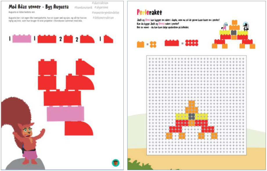 Beskrivelse av en "unplugged" problemløsningsaktivitet der barna skal bygge en figur ved hjelp av Duplo eller perler