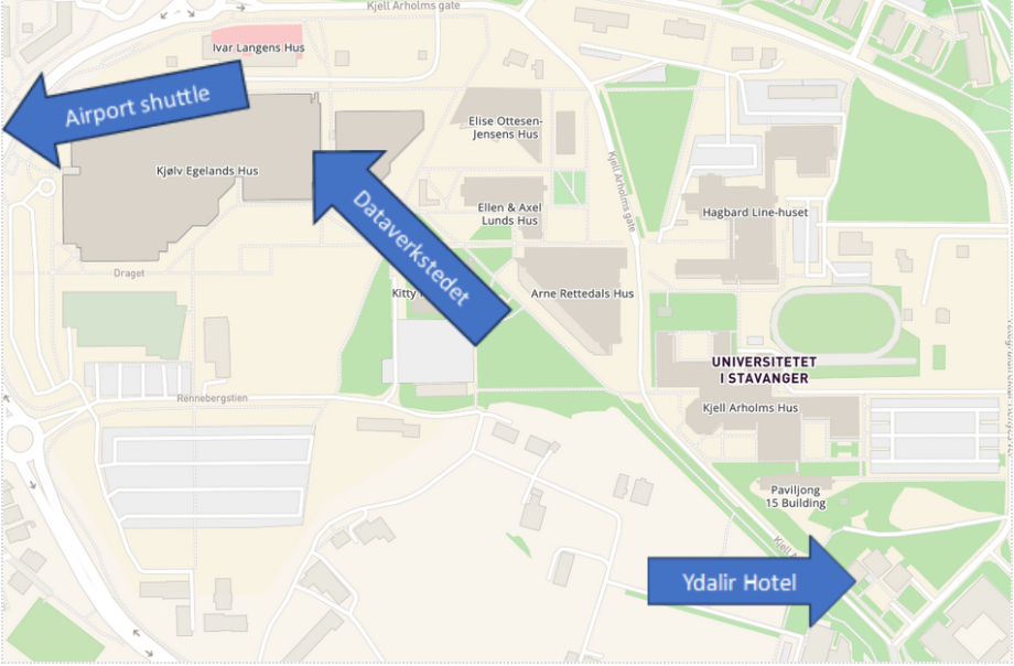 Map with arrows to Airport shuttle, Dataverkstedet and Ydalir hotel