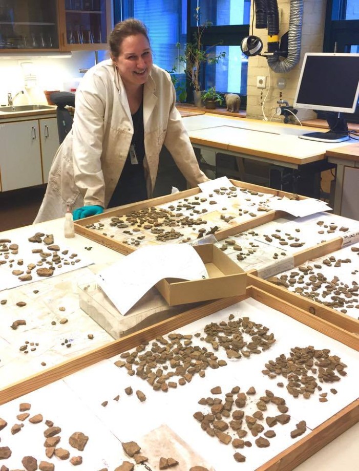 Arkeologisk konservator Cora Oschman med mange keramikkbiter