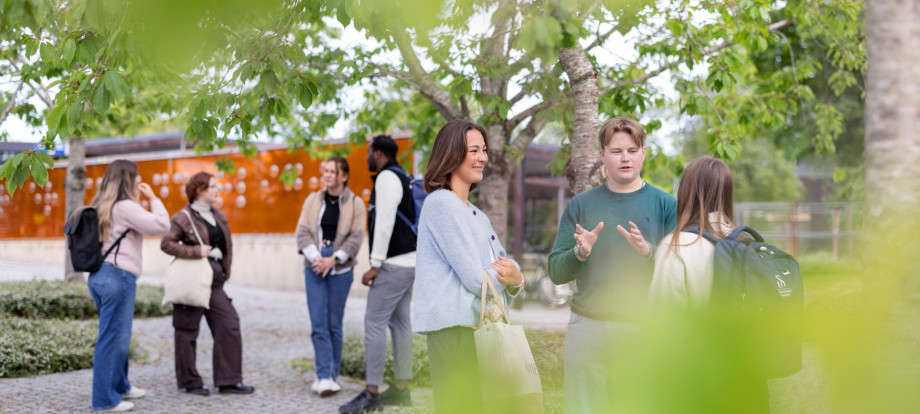 En gruppe med studenter står ute i grønne omgivelser og prater sammen.