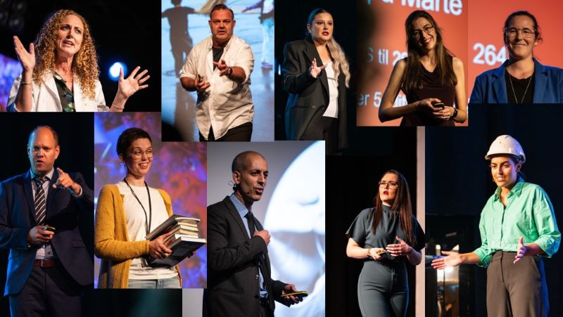 Collage av mange foto av folk som står og presenterer på en scene